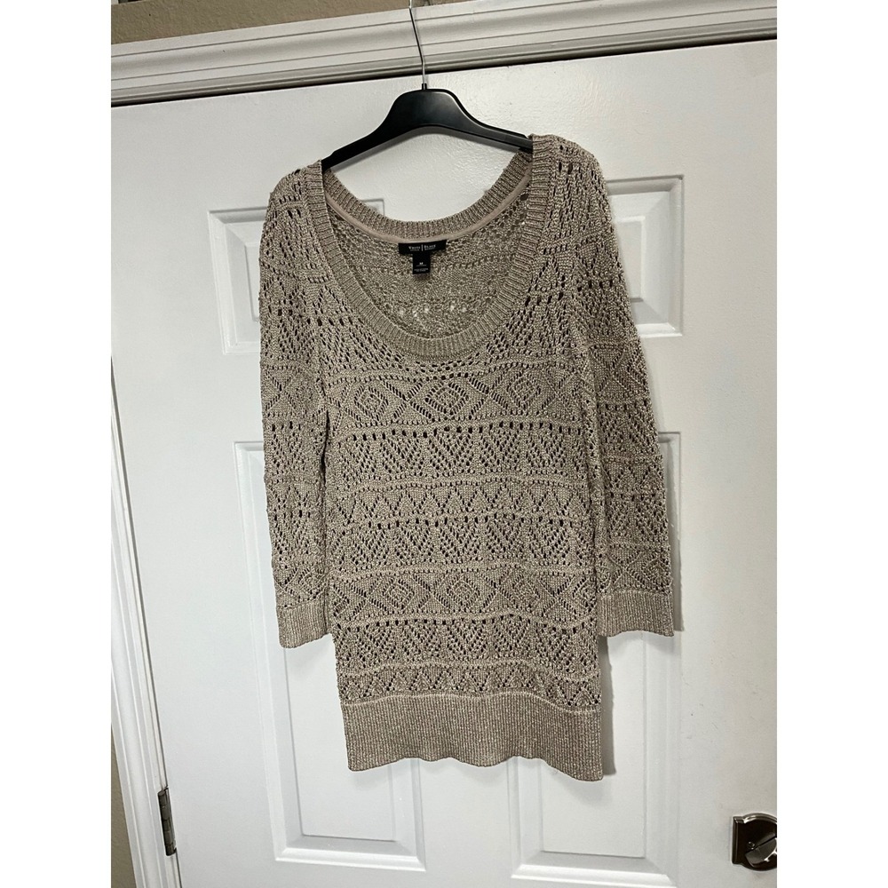 White House Black Market Metallic Crochet Knit Sweater Champagne Gold Medium